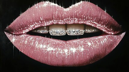 Poster -   A close-up image captures a woman's lips, adorned with sparkling glitter Her nails extend outwards from her lips