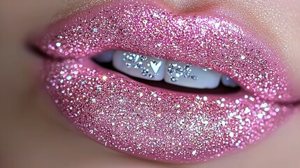   Close-up photo of female lips adorned with glitter and 'love' written in sparkling letters