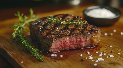 Sticker -   A juicy steak resting on a wooden cutting board with a nearby bowl of seasoning