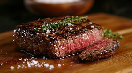 Poster -   A perfectly seasoned steak on a cutting board