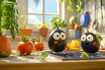 Two cheerful black mascots explore a colorful kitchen filled with fresh vegetables. The bright design invites joy and creativity. Perfect for food lovers. Generative AI