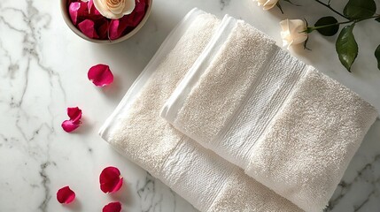 Poster -   Two white towels lay atop a table beside a vase of flowers and a cup brimming with them