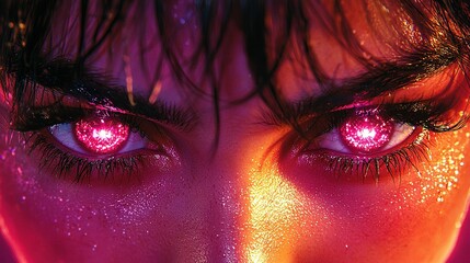 Wall Mural -   A photo of a woman's face with bright pink eyeliner and glitter on her eye lashes