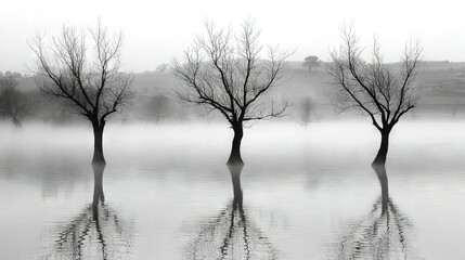 Sticker -   A monochrome image of three trees amidst a foggy lake during sunrise