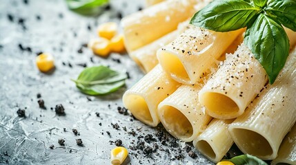 Poster -   Close-up of spaghetti with fresh basil leaves and aromatic spices