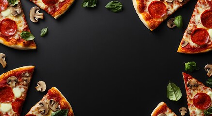 Vibrant advertising banner for pizza featuring a black background ，showcasing realistic slices of pizza  