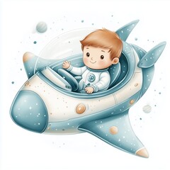 Wall Mural - a young astronaut joyfully exploring space in a colorful rocket ship