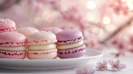 Sticker -   A plate of pink and white macaroons sits on a table beside a pink tree adorned with pink blossoms