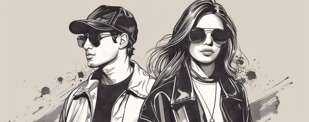 Wall Mural - Hand-drawn fashion illustration of a stylish man and woman, both wearing sunglasses and trendy outfits. Free copy space for banner.