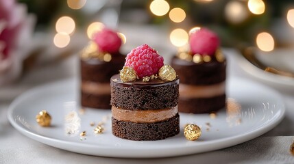 Poster -  A chocolate cake with a raspberry on top, served on a white plate with golden decorations