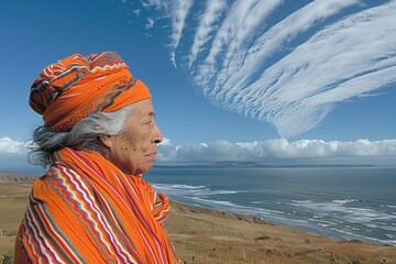 An elderly woman dressed in vibrant, traditional clothing stands on a cliffside overlooking a vast ocean under a vividly clear sky with unique cloud formations