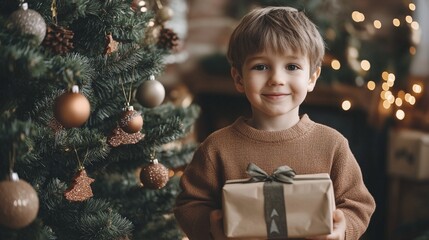 Wall Mural - Joyful young boy holding wrapped Christmas gift, standing by decorated tree with twinkling lights. His bright smile captures the magic and excitement of the holiday season.