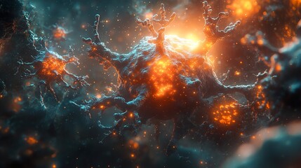 Wall Mural - microscopic view of a neuron: a glowing cell in the nervous system
