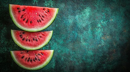 Wall Mural -   Three slices of watermelon stacked on a green-black surface, with a green background