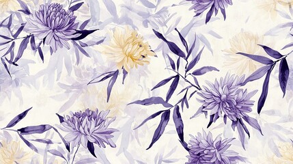 Sticker -   Watercolor painting of purple and yellow flowers and white background, featuring blue and yellow leaves