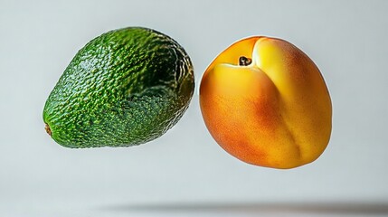 Poster -   A close-up of two fruits - an avocado and a peach - against a white background with reflections in the background