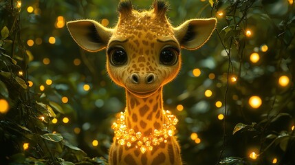 Poster -   A giraffe close-up with lights on its neck and a tree in the background