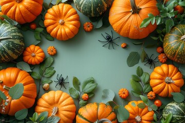 Wall Mural - halloween composition with pumpkins, bats and spiders