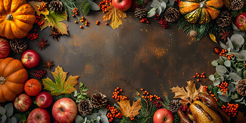 Wall Mural - thanksgiving background with pumpkin and fall ingredients
