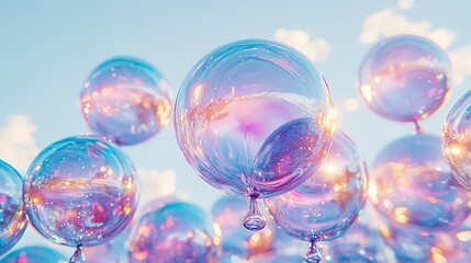 Poster -   Bubbles floating in a blue sky with cloudy background