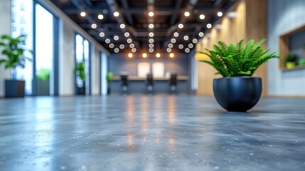 Wall Mural - A modern and spacious office interior with sleek decor features a polished concrete floor, abundant natural light, and stylish greenery accents