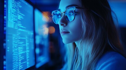 Wall Mural -  Female cyber security analyst analyzing AI cyberspace threats on computer in dark tech office data centre. Blue lighting. IT specialist ethical hacking 