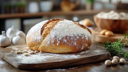 Wall Mural - Freshly baked sourdough bread on a wooden board with flour, garlic and herbs.