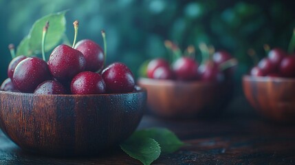 Wall Mural -   A bowl of red cherries sits atop a wooden table surrounded by similar wooden bowls filled with cherries