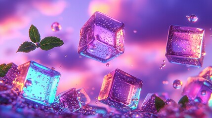 Canvas Print -   A collection of ice floats on a vibrant purple and blue background, capped off by a leaf above