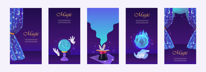 Magic set. Collection of templates for stories, flyers, posters, banners, brochures. Magic ball, curtain and wizard's hat. Vector illustration. story.