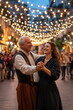 © Georgy - A couple in traditional Bavarian attire dancing together at an Oktoberfest celebration, surrounded by a crowd