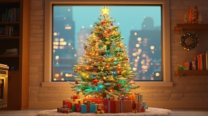 Wall Mural -   A brightly lit Christmas tree stands before a city skyline view through the window