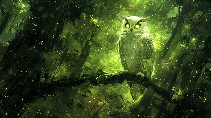 Canvas Print -   An owl rests on a branch amidst a lush green forest filled with glowing fireflies