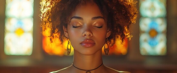 black woman in a church setting deeply engaged in prayer surrounded by soft light and spiritual symbols embodying faith connection and tradition