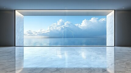 Canvas Print -   A spacious room featuring a grand window displaying a breathtaking view of a vast body of water