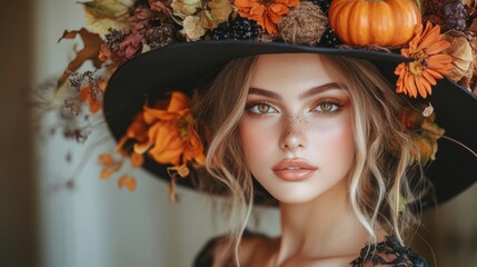 A stunning portrayal of a young woman wearing a beautifully adorned hat featuring vibrant autumn flowers, leaves, and small pumpkins, perfectly capturing the essence of the fall season