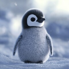 Sticker -   Close-up photo of a tiny penguin standing amidst snow on a frozen landscape, featuring snowflakes falling onto its face