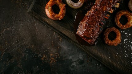 Canvas Print - A succulent rack of ribs accompanied by crispy onion rings and grilled onions, presented on a rustic, dark wooden board.