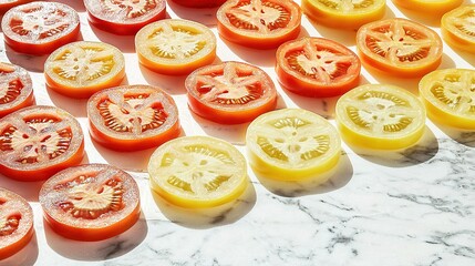 Sticker -   A cluster of cut tomatoes resting on a white counter with marble background