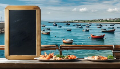 Seaside Seafood Restaurant Blackboard by Harbor with Bobbing Boats and Blank Chalkboard Backdrop