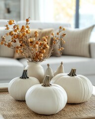 Canvas Print - Autumn arrangement with pumpkins on table in living room closeup