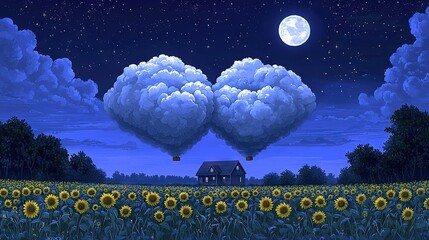 Poster -   A sunflower field surrounds a house under the moonlight