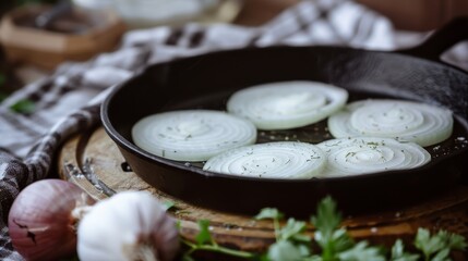 Wall Mural - Aromatic white onion rings lightly seasoned in a rustic cast-iron skillet, set amidst kitchen herbs and wooden utensils.