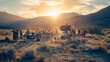 © VK Studio - A film crew captures a scene at sunrise in a desert landscape, with cameras, lights, and equipment spread out.