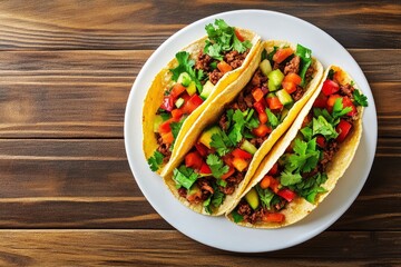 Tacos with vegetables and meat on white plate over wooden background. Top view, flat lay - generative ai