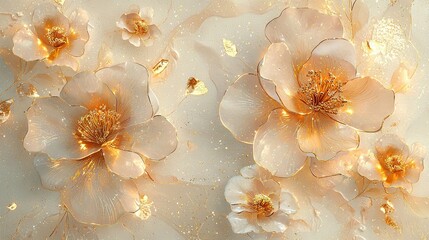 Canvas Print -   White surface with gold flakes on flower's petals