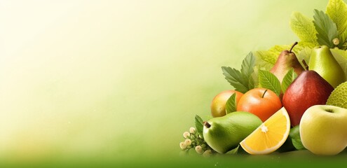 Vibrant Arrangement of Fruits and Vegetables on a Green Background for a Health Concept Banner with Copy Space 