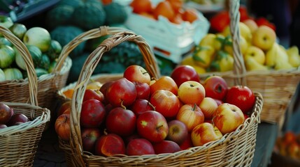 Wall Mural - Abundant apples and other fresh fruits are beautifully displayed in woven baskets at an outdoor market, inviting customers to enjoy the harvest.