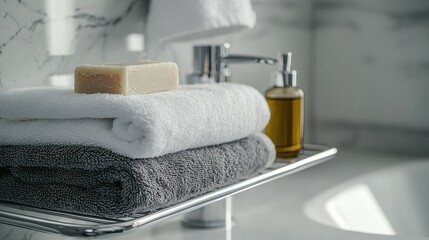 Poster -   A tower of folded towels rests atop a bathroom sink, beside a faucet and adjacent to a soap dispenser