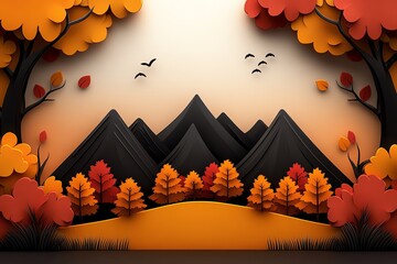 Aufkleber - Minimal autumn mountain landscape, with clean lines and simple color blocks representing mountains, trees in fall colors, and a soft gradient sky